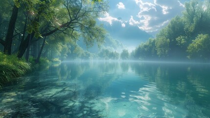 Fototapeta premium Misty forest trees and calm lake reflecting sky and mountains.