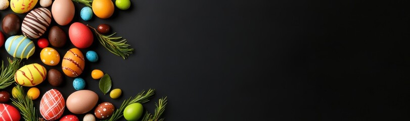 Naklejka premium Easter Colorful Eggs and Sweets on Black Background