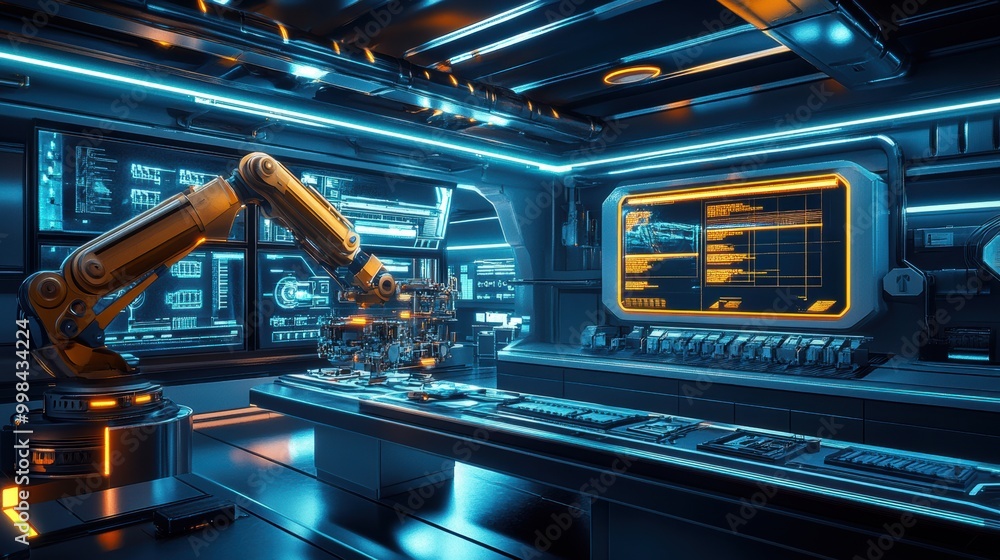 Poster the robotic arm meticulously constructs intricate machinery in a sleek, high-tech lab filled with gl