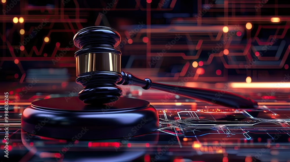Poster abstract futuristic tech background with a gavel resting in the foreground, highlighting law in a di