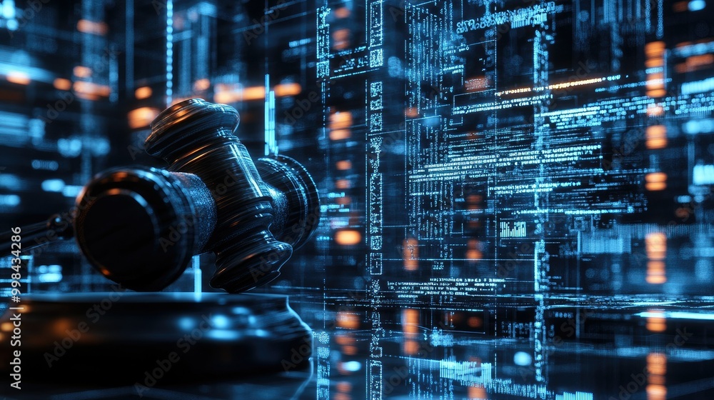 Poster abstract futuristic tech background with a gavel resting in the foreground, highlighting law in a di