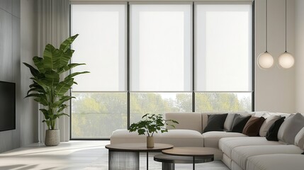 modern living room with stylish white roller blinds showcasing clean lines and natural light complemented by a lush houseplant and a comfortable sofa creating a harmonious and inviting space