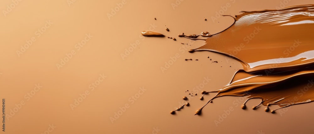 Poster smooth and glossy chocolate paint splatters on a warm beige surface, creating an artistic visual eff