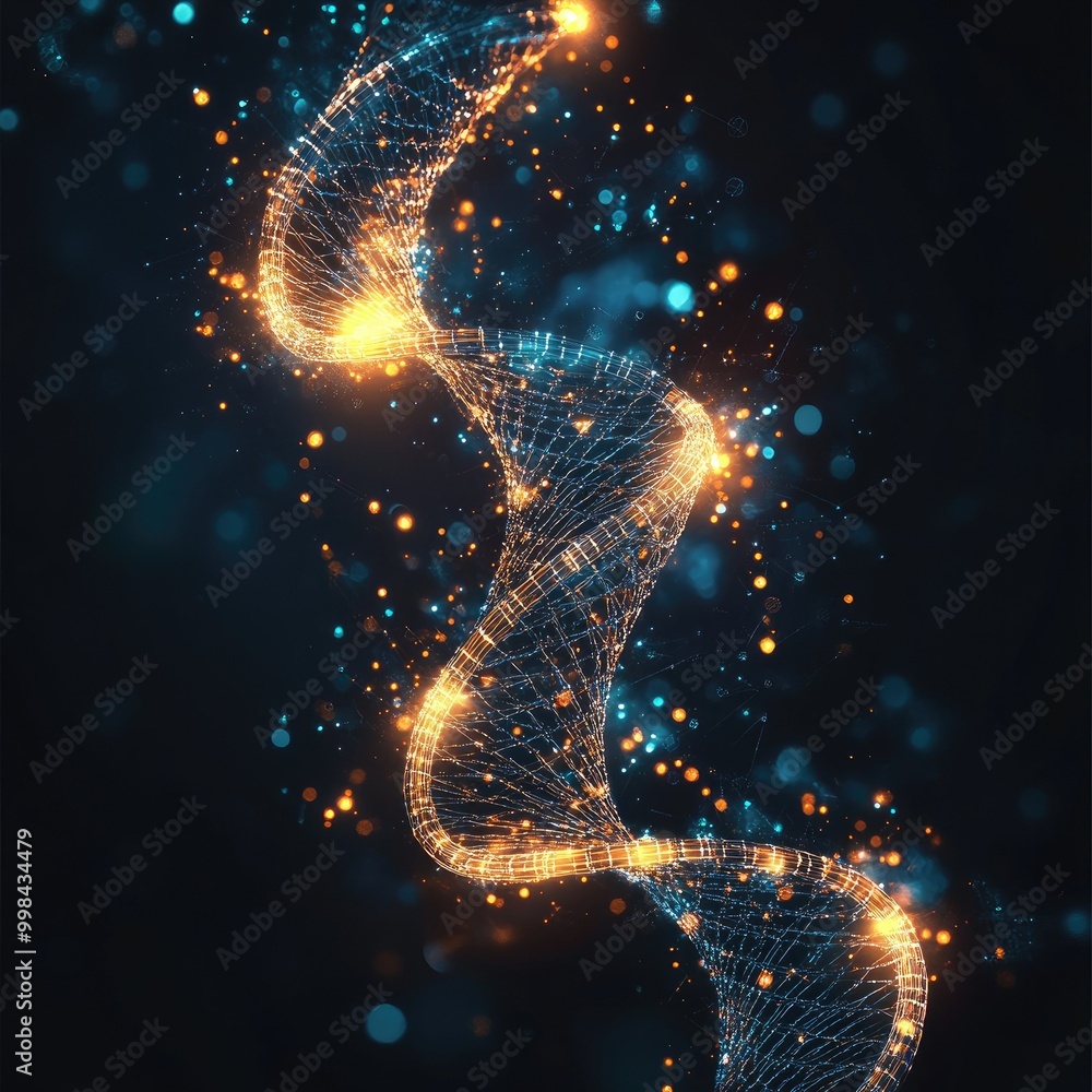 Poster abstract glowing lines forming a digital dna strand on a dark background, symbolizing bioinformatics