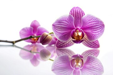 Delicate purple orchid on white background with reflection