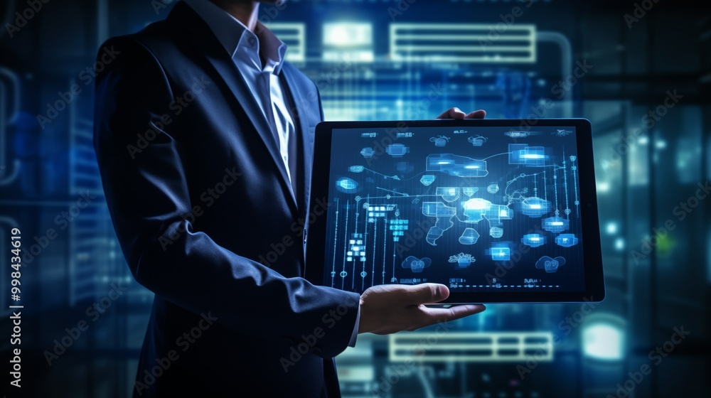 Poster businessman presenting digital data on tablet image. corporate man displaying data visualization pho