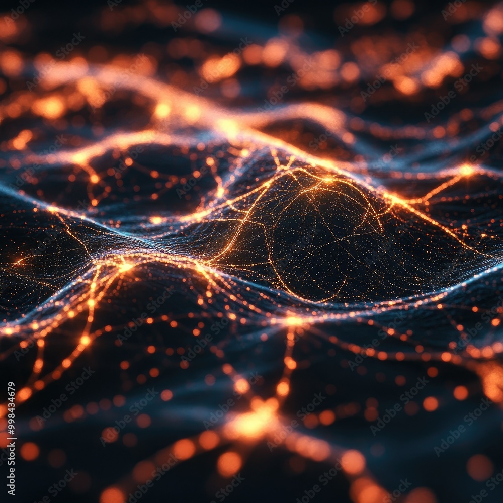 Poster abstract glowing network of interwoven light lines on a dark background, symbolizing ai neural netwo