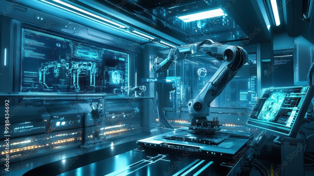 Poster A robotic arm assembles intricate machinery in a sleek, modern lab environment with illuminated panels and dynamic holographic interfaces. Generative AI