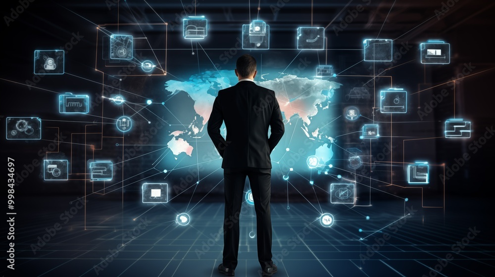 Poster businessman professional stands before large digital world map image. interconnected data points pho