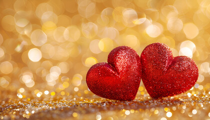 Fototapeta premium red hearts on gold glittering background for valentine's day