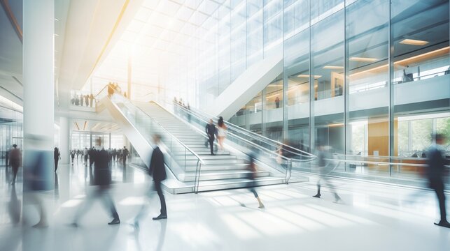Modern office lobby with motion blur of people background image. Large staircase, glass walls photo backdrop wallpaper realistic. Busy dynamic corporate activity concept photorealistic