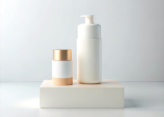 Minimalist skincare packaging displayed on clean surface, featuring sleek white bottle and stylish jar with gold accent. This elegant setup emphasizes simplicity and modern design
