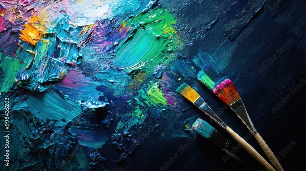 Fototapete bright splashes of color adorn the palette, while brushes lay ready beside bold, expressive strokes 