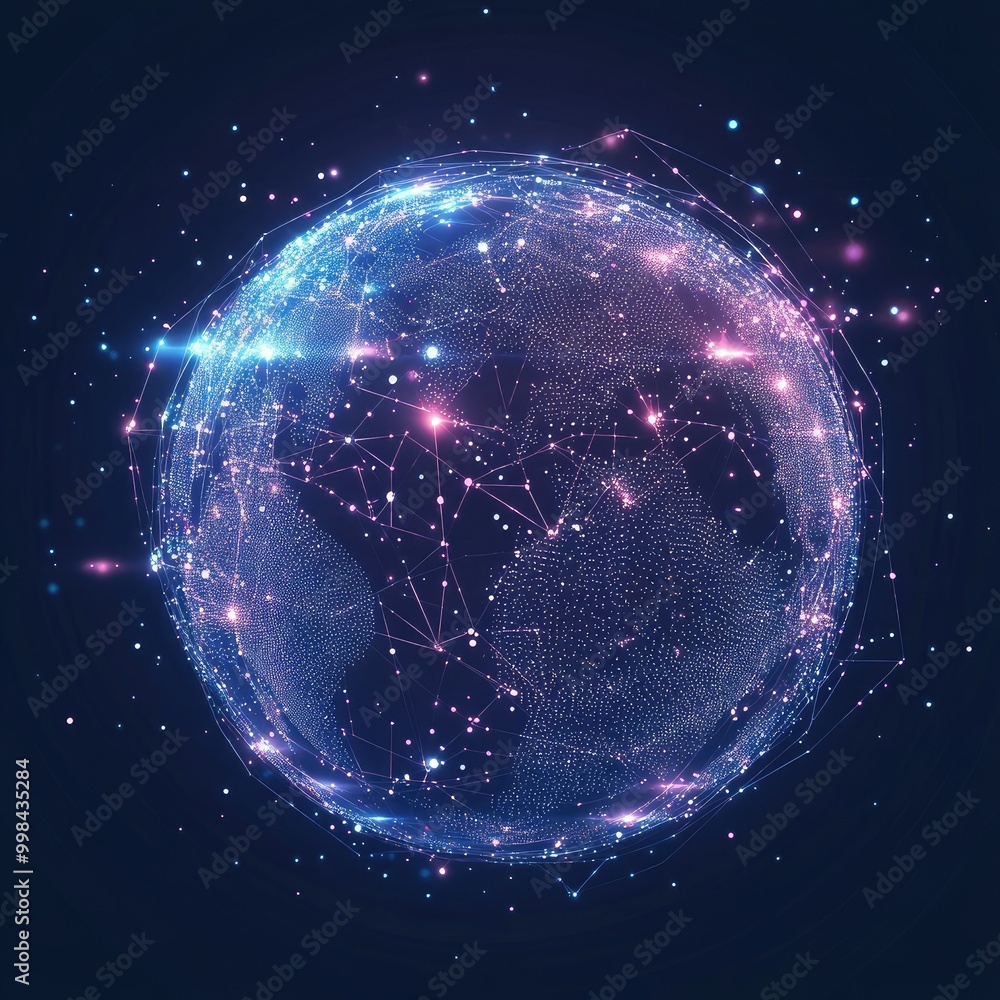 Poster abstract holographic globe with data points and connections, symbolizing global digital communicatio