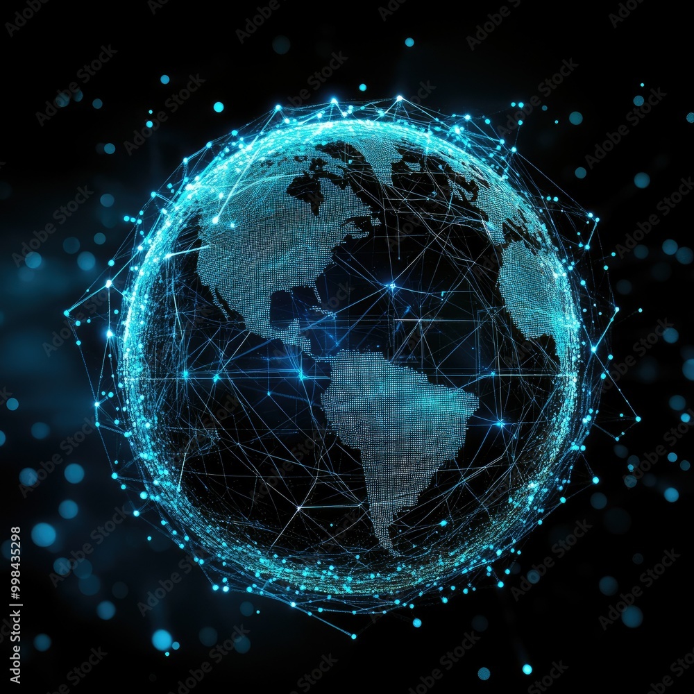 Poster abstract holographic globe with data points and connections, symbolizing global digital communicatio