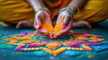 Hands Creating Colorful Rangoli Art with Vibrant Powder