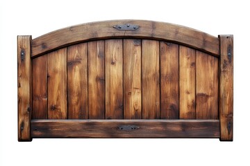 A wooden arch-top gate with a rustic finish, designed for entryways or gardens.