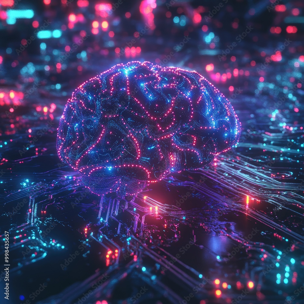 Poster abstract neon circuits forming a holographic digital brain, symbolizing ai and neural networks.
