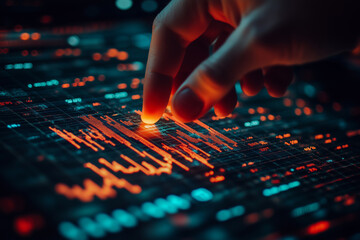 Trader engaged in historic research, analyzing data patterns with precision and focus in a dynamic digital environment