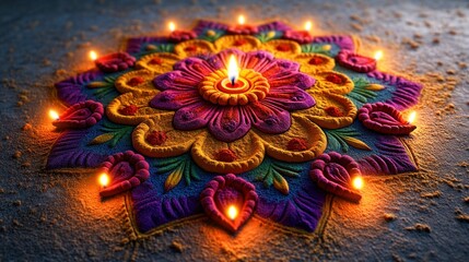 Colorful Rangoli Design with Lit Diya Lamps for Festival Celebration