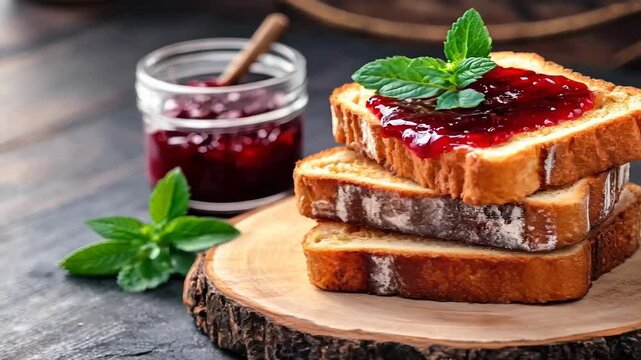 Toasted bread with jam on wooden board