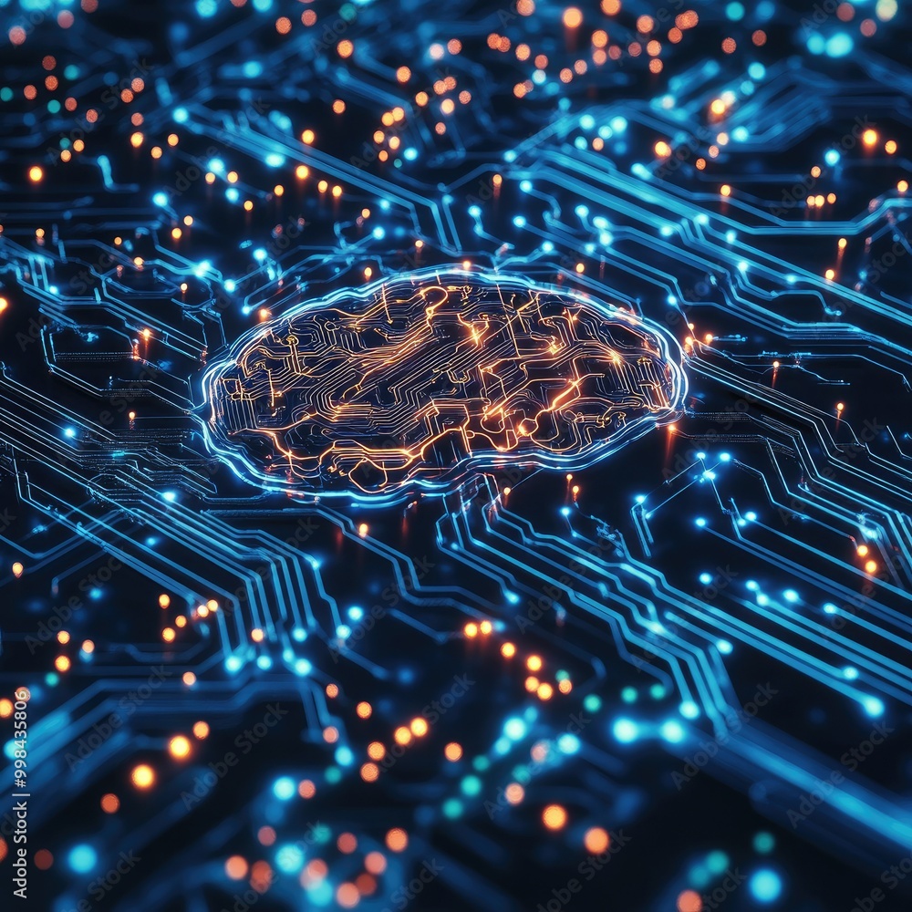 Poster abstract pattern of glowing circuits forming a digital brain on a dark background, representing ai a