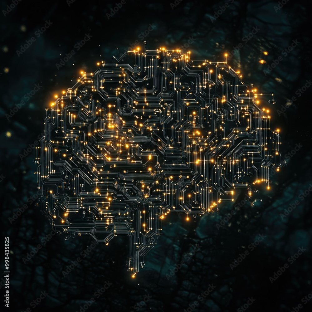 Poster abstract pattern of glowing circuits forming a digital brain on a dark background, representing ai a