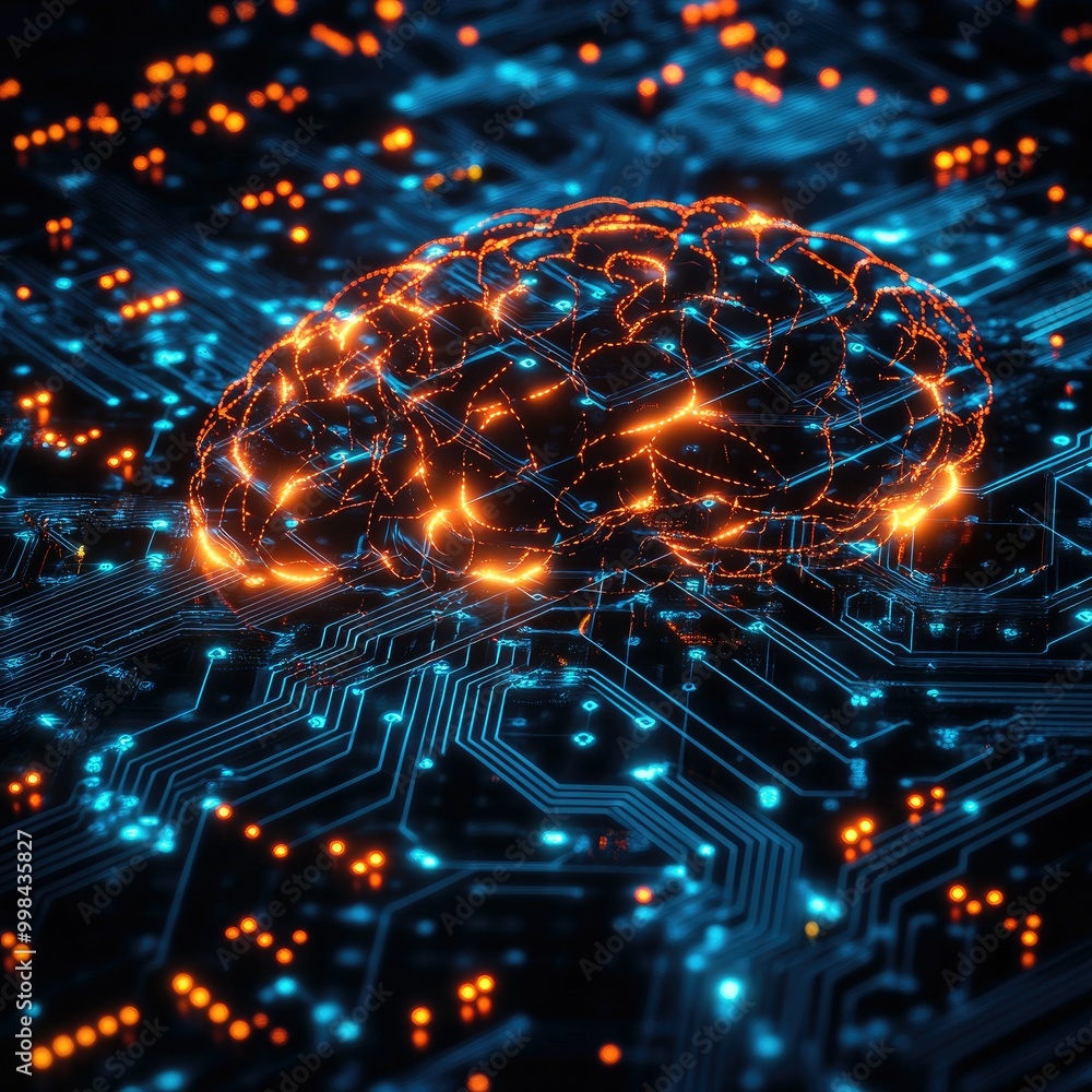 Poster abstract pattern of glowing circuits forming a digital brain on a dark background, representing ai a
