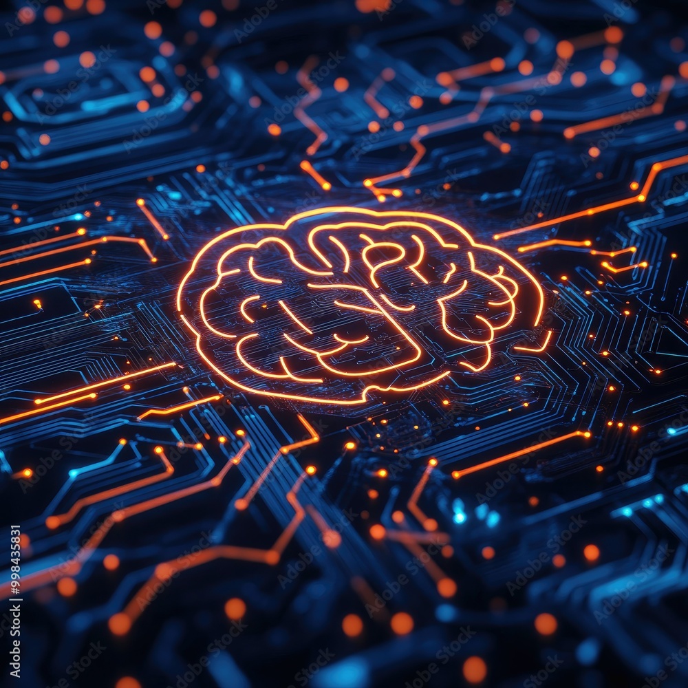 Poster abstract pattern of glowing circuits forming a digital brain on a dark background, representing ai a