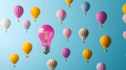 Colorful Light Bulb Surrounded by Hot Air Balloons