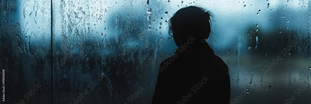 Aufkleber A solitary person stands by a rain-covered window, reflecting on their thoughts as droplets trickle down the glass in soft blues and greys. Generative AI