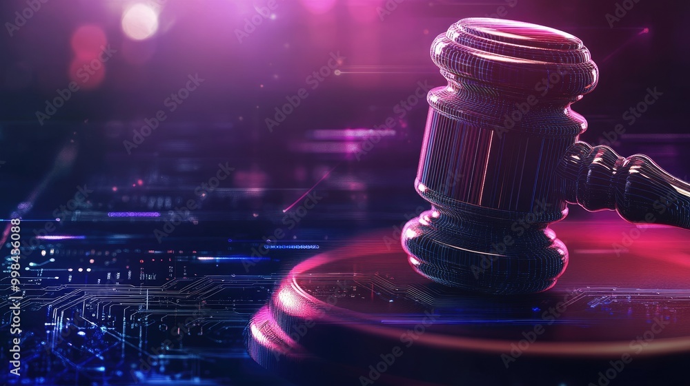 Aufkleber abstract tech background with a judge gavel, blending justice with advanced technology.