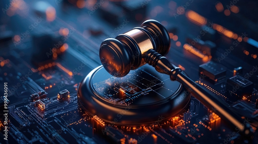 Aufkleber abstract tech background with a judge gavel, blending justice with advanced technology.