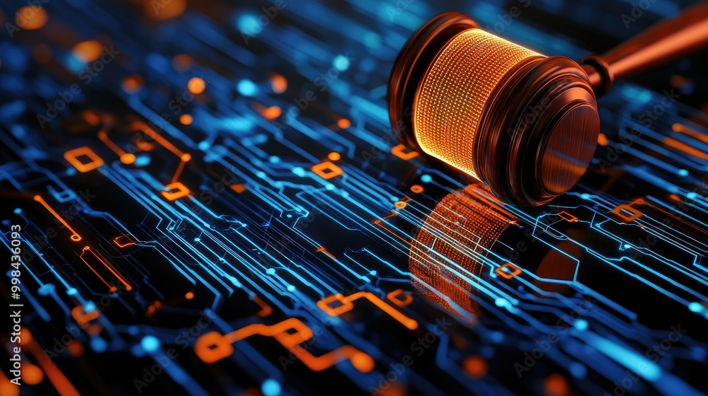 Aufkleber abstract tech background with a judge gavel, blending justice with advanced technology.
