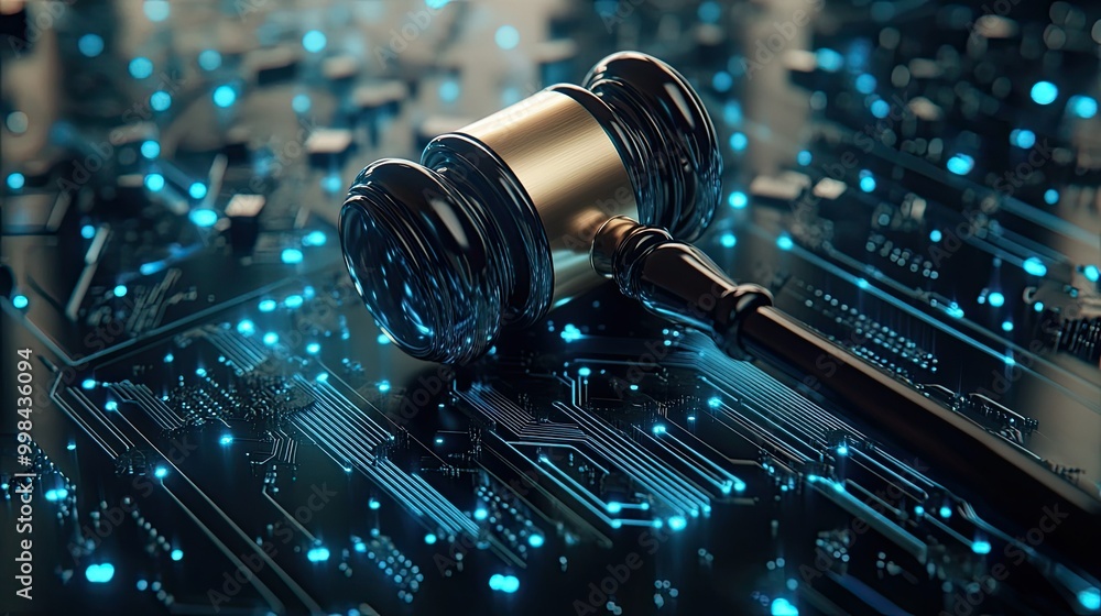 Aufkleber abstract tech background with a judge gavel, blending justice with advanced technology.