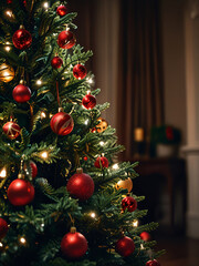 A Christmas tree adorned with red baubles and glowing lights.