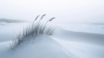 Obraz premium Serene coastal sand dunes with windswept grasses stretching towards a misty horizon, creating a tranquil beach landscape with smooth textures and soft natural light