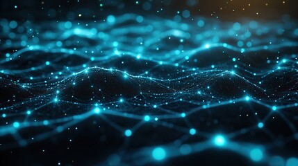 Fototapeta premium An abstract blue and green technology background featuring a cyber network grid and connected particles, with a focus on artificial neurons and global data.