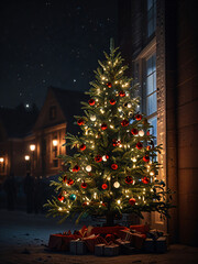 A Christmas tree adorned with red baubles and glowing lights.