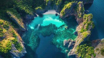 Obraz premium Aerial view of a scenic bay with turquoise water, surrounded by jagged cliffs and tropical forest.