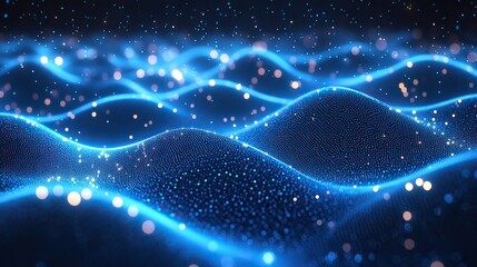 An abstract blue background with glowing dots arranged in line patterns.