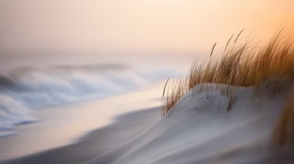 Gardinen Serene coastal sand dunes with windswept grasses stretching towards a misty horizon, creating a tranquil beach landscape with smooth textures and soft natural light © TyliJura