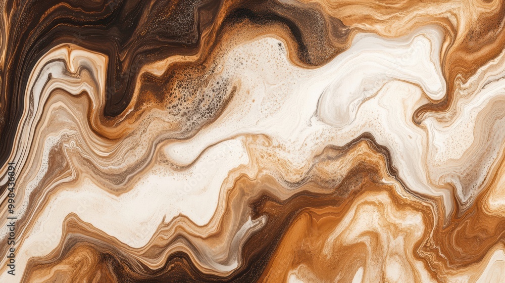 Poster coffee and cream blend together, forming an intricate marbled pattern with rich browns and soft whit