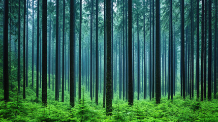 Dense forest with tall trees and lush greenery, showcasing nature's tranquility.