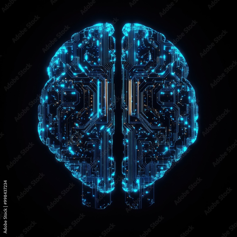 Poster ai brain-shaped digital structure made of glowing blue circuits on black background, symbolizing art
