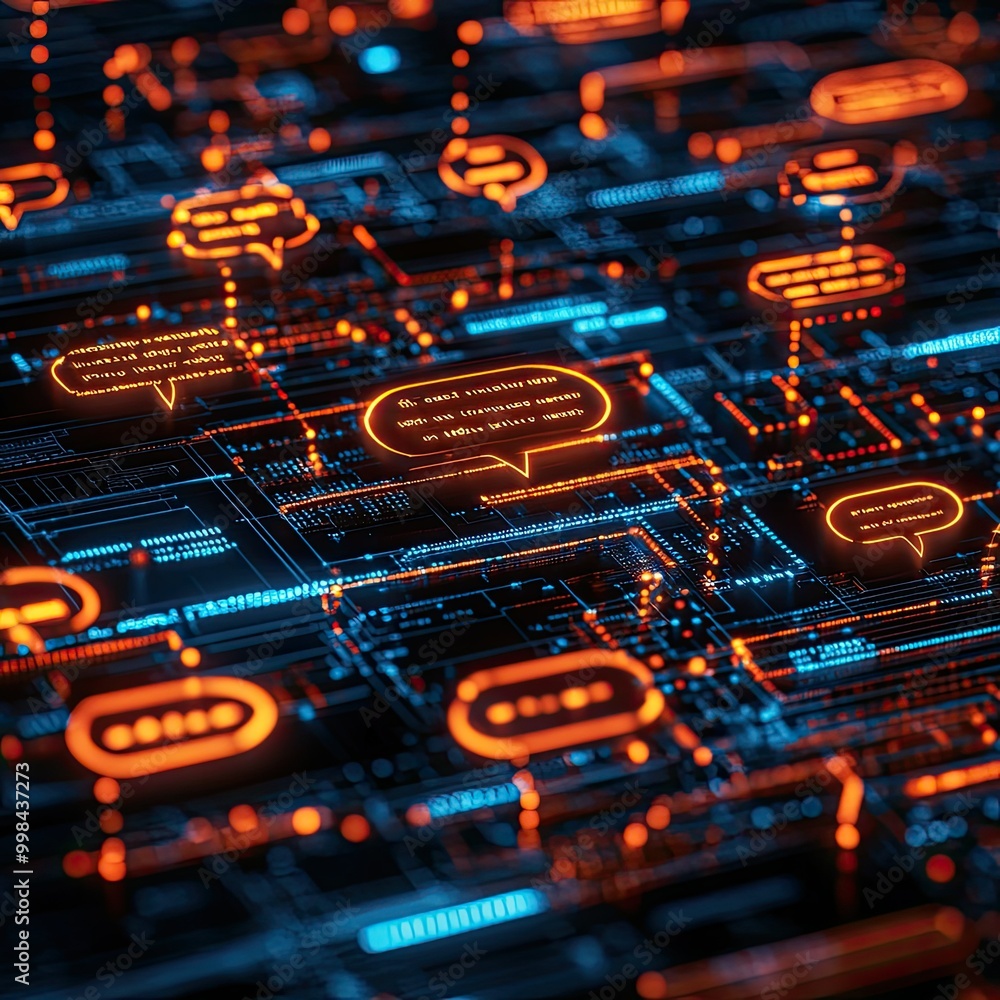 Poster ai-powered chatbot interface on a glowing digital screen, symbolizing advancements in conversational