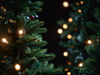 A Christmas tree adorned with red baubles and glowing lights.