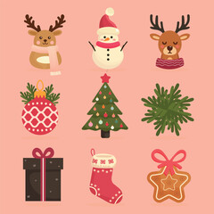 cute Christmas toy set with reindeer snowman snowman Christmas tree and cookies