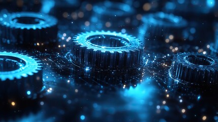 An abstract blue digital technology background incorporating gears and cogs with a dark color palette.