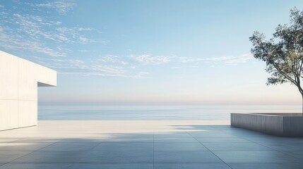 Obraz premium minimalist architectural visualization of an empty concrete plaza overlooking a serene sea view clean lines neutral tones and a clear sky create a sense of open space and tranquility